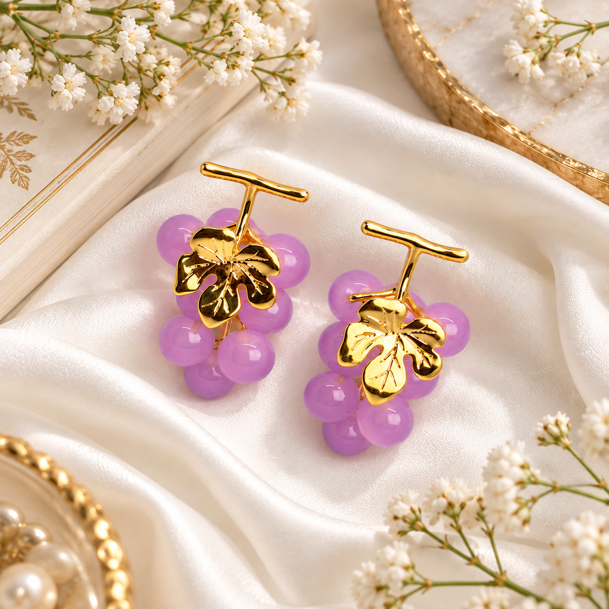 Aarvika Purple Grape Design Earrings with Gold-Tone Leaf