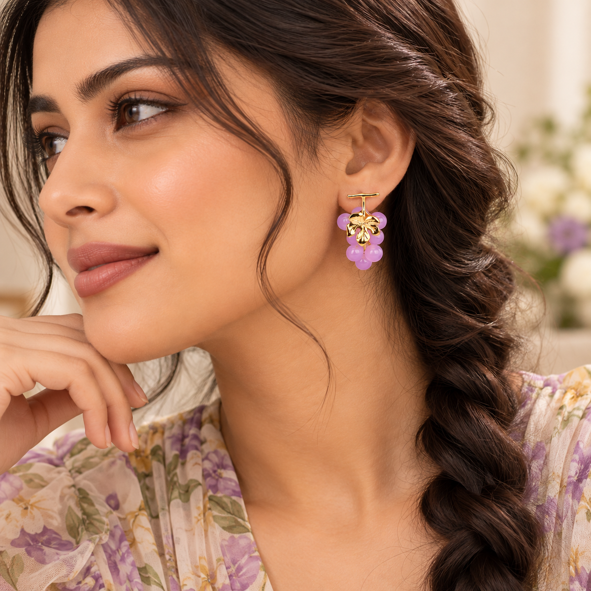 Aarvika Purple Grape Design Earrings with Gold-Tone Leaf