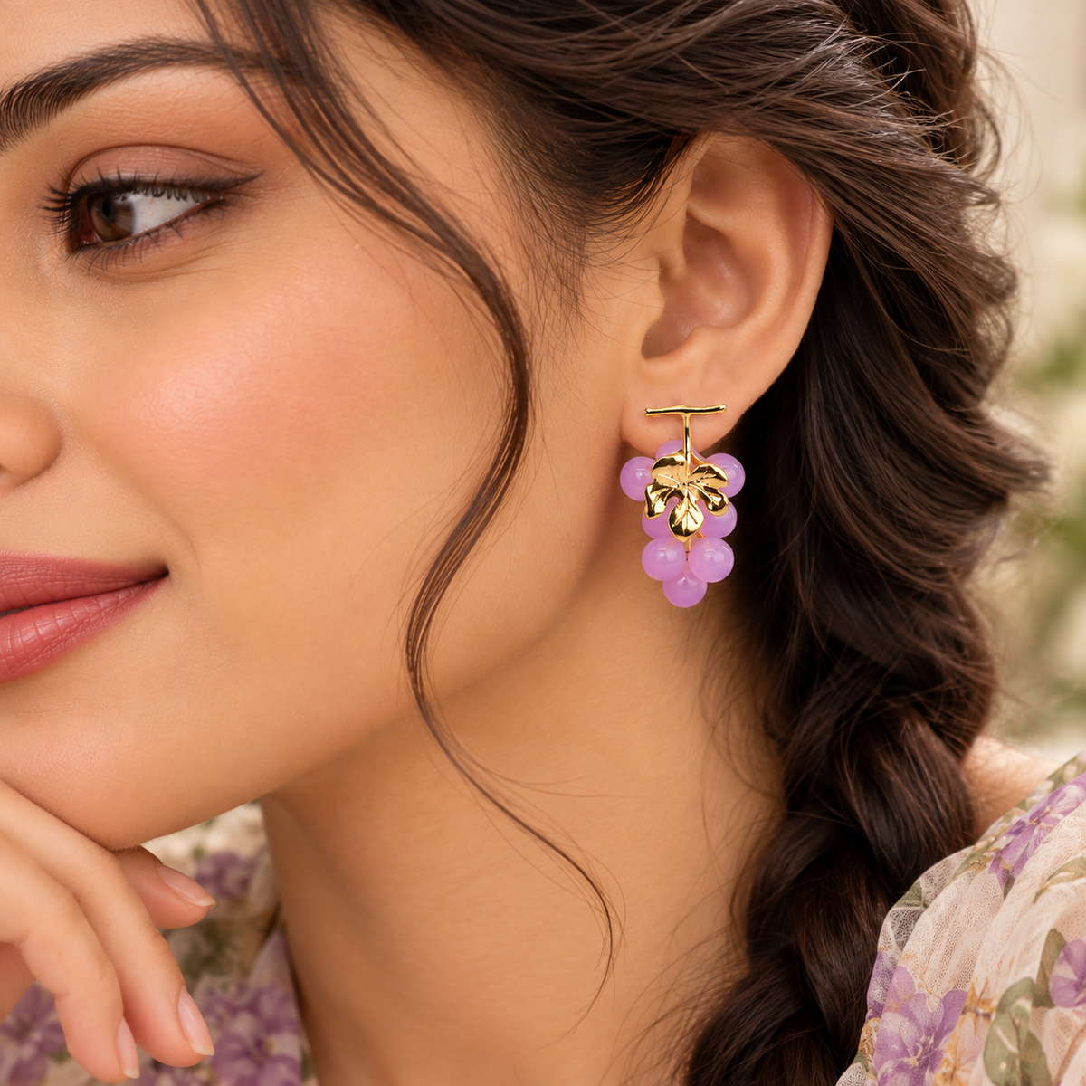 Aarvika Purple Grape Design Earrings with Gold-Tone Leaf