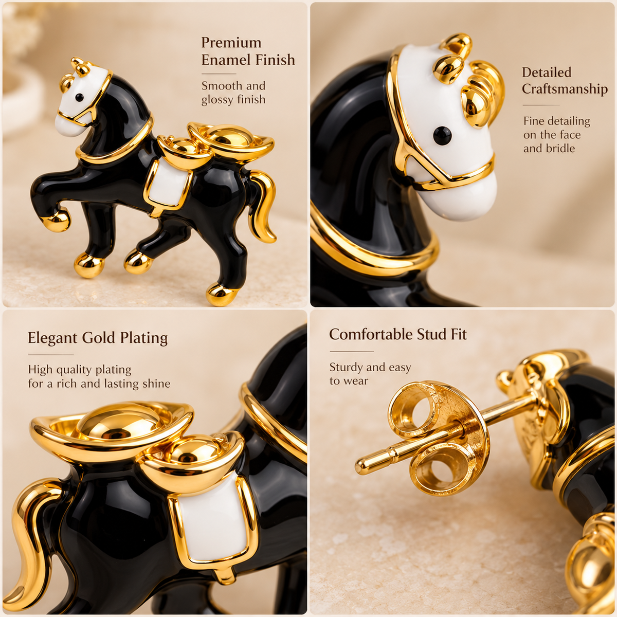 Aarvika Black Horse Stud Earrings with Gold Tone Detailing