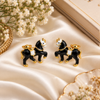 Aarvika Black Horse Stud Earrings with Gold Tone Detailing