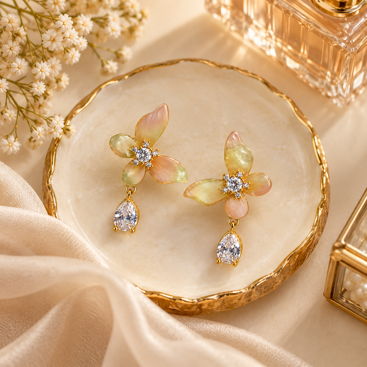 Aarvika Butterfly CZ Drop Earrings Pastel Peach Green Gold Tone