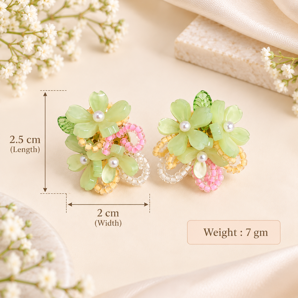 Aarvika Floral Resin Bead Earrings Green Flower Studs with Pearl