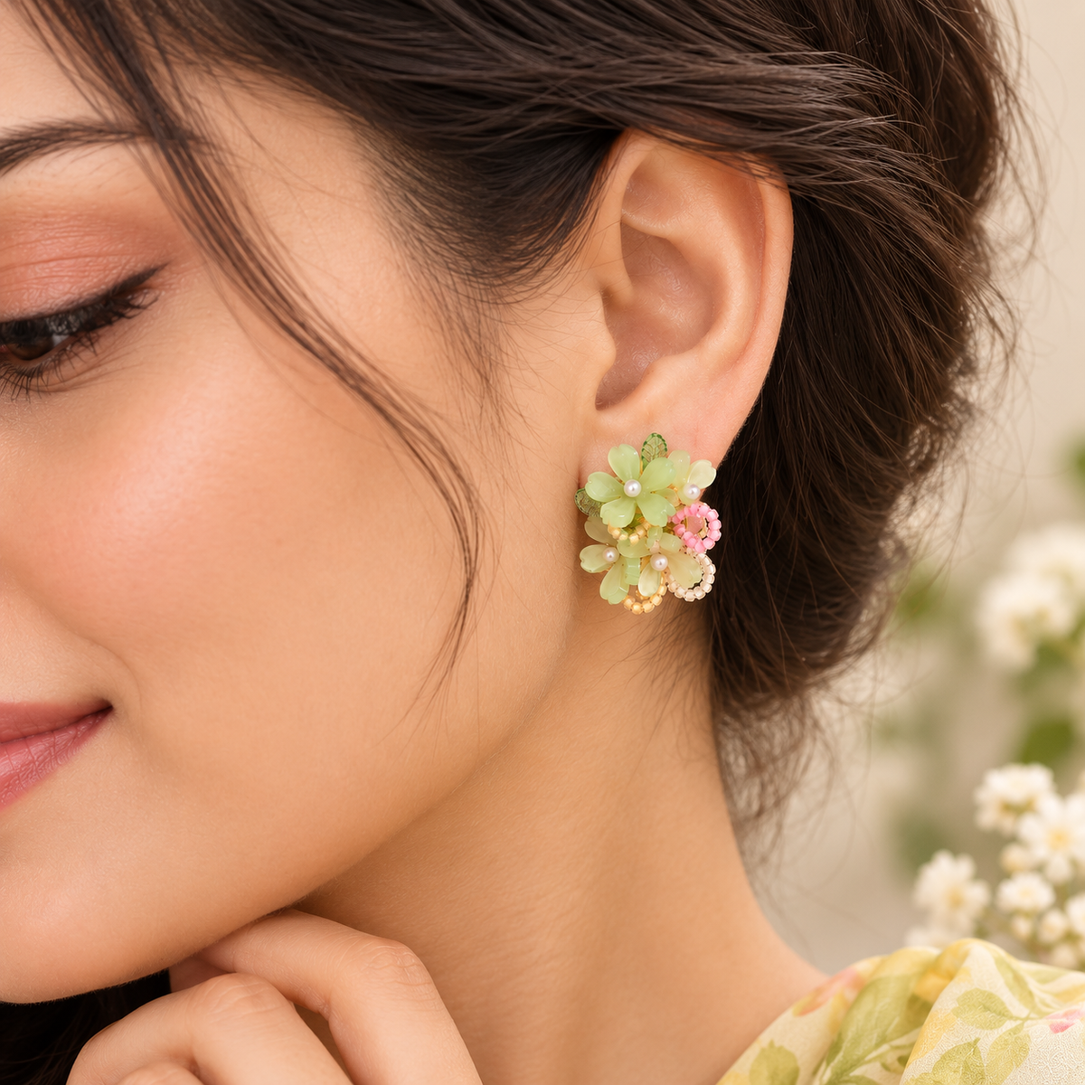 Aarvika Floral Resin Bead Earrings Green Flower Studs with Pearl