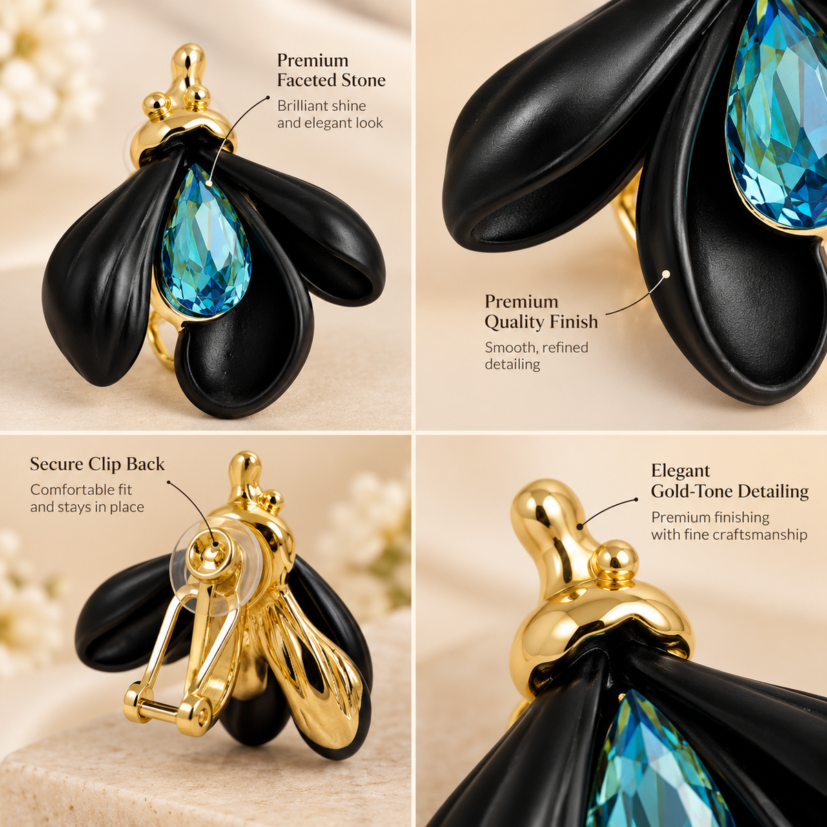 Aarvika Black Petal Clip-On Earrings with Blue Teardrop Stone