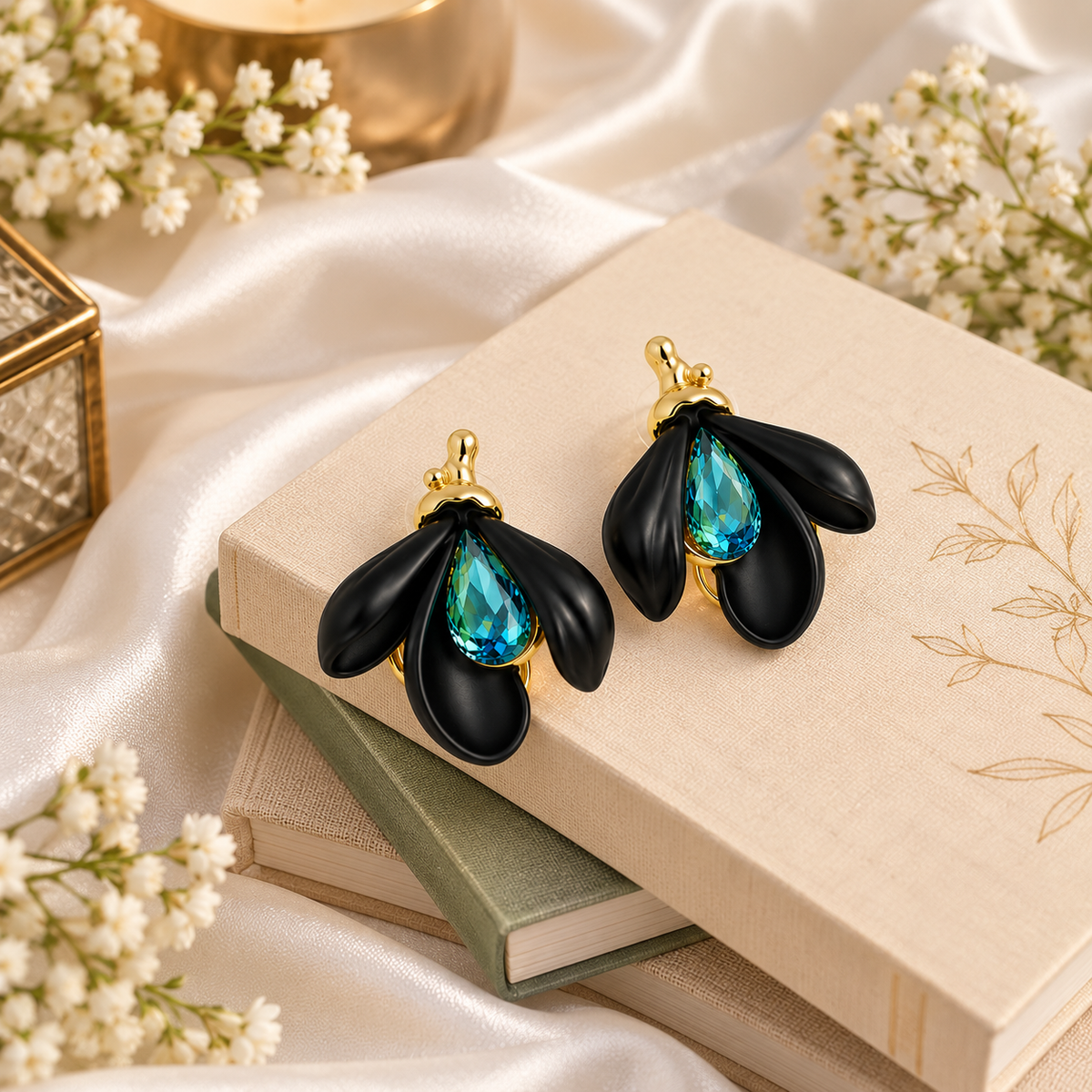 Aarvika Black Petal Clip-On Earrings with Blue Teardrop Stone