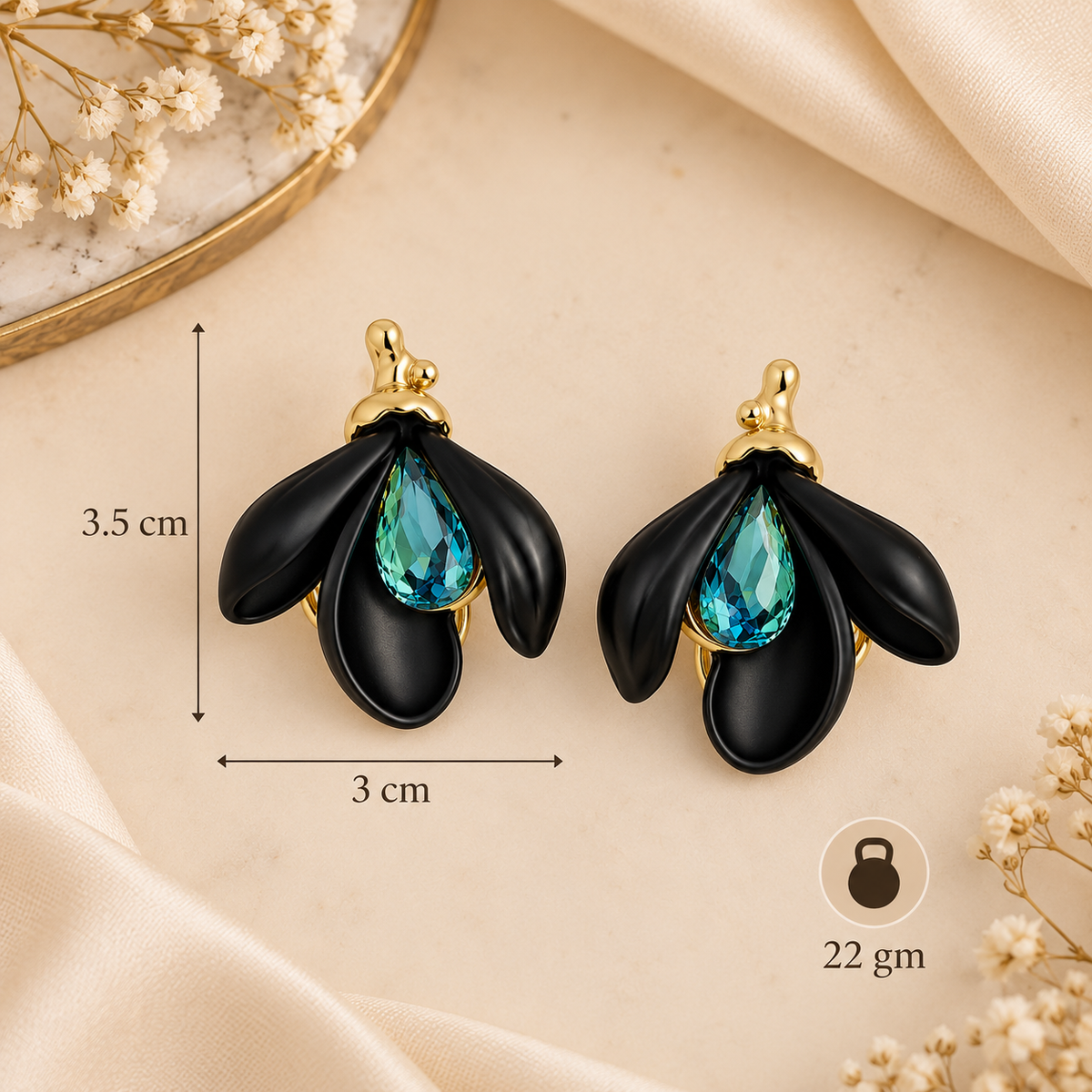 Aarvika Black Petal Clip-On Earrings with Blue Teardrop Stone