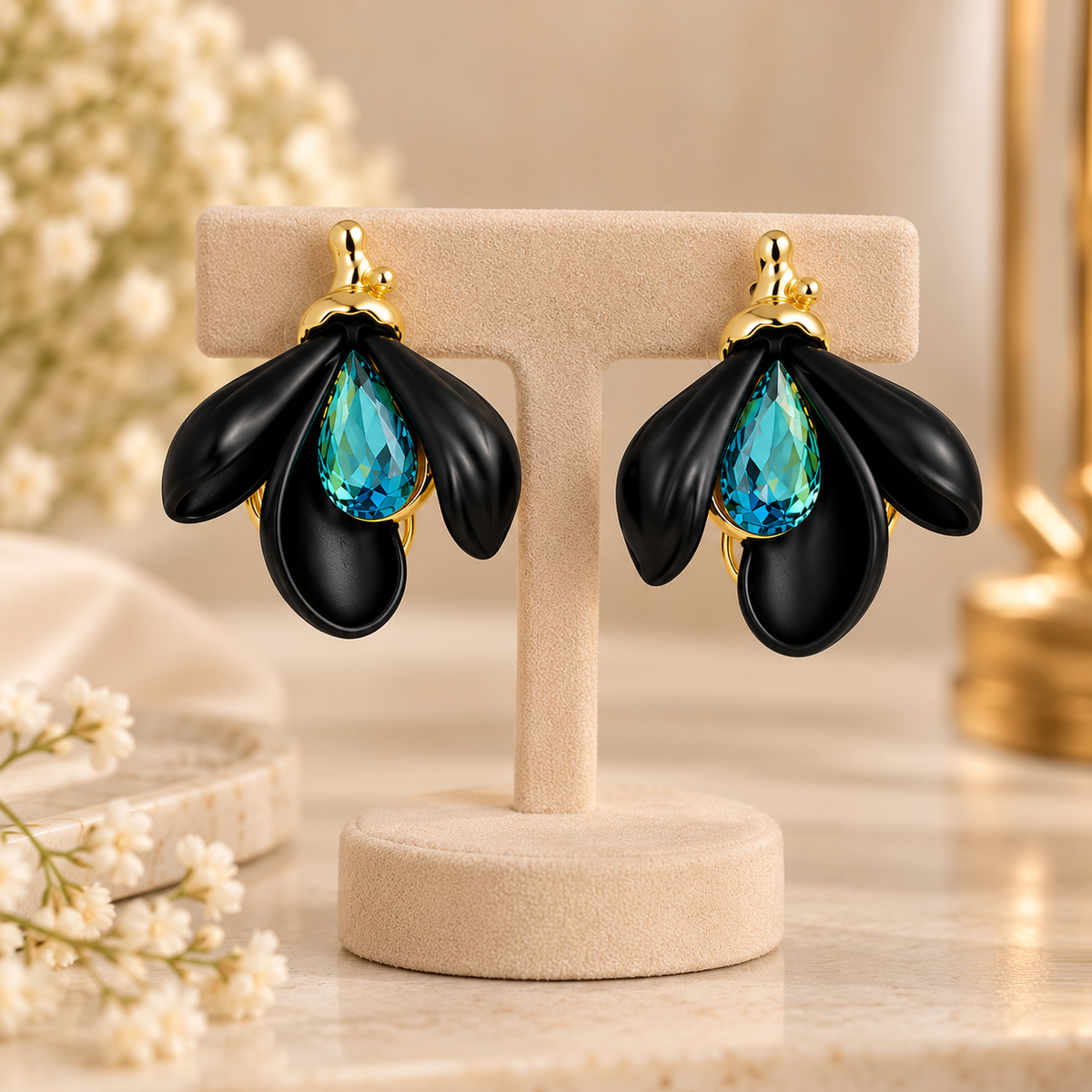 Aarvika Black Petal Clip-On Earrings with Blue Teardrop Stone