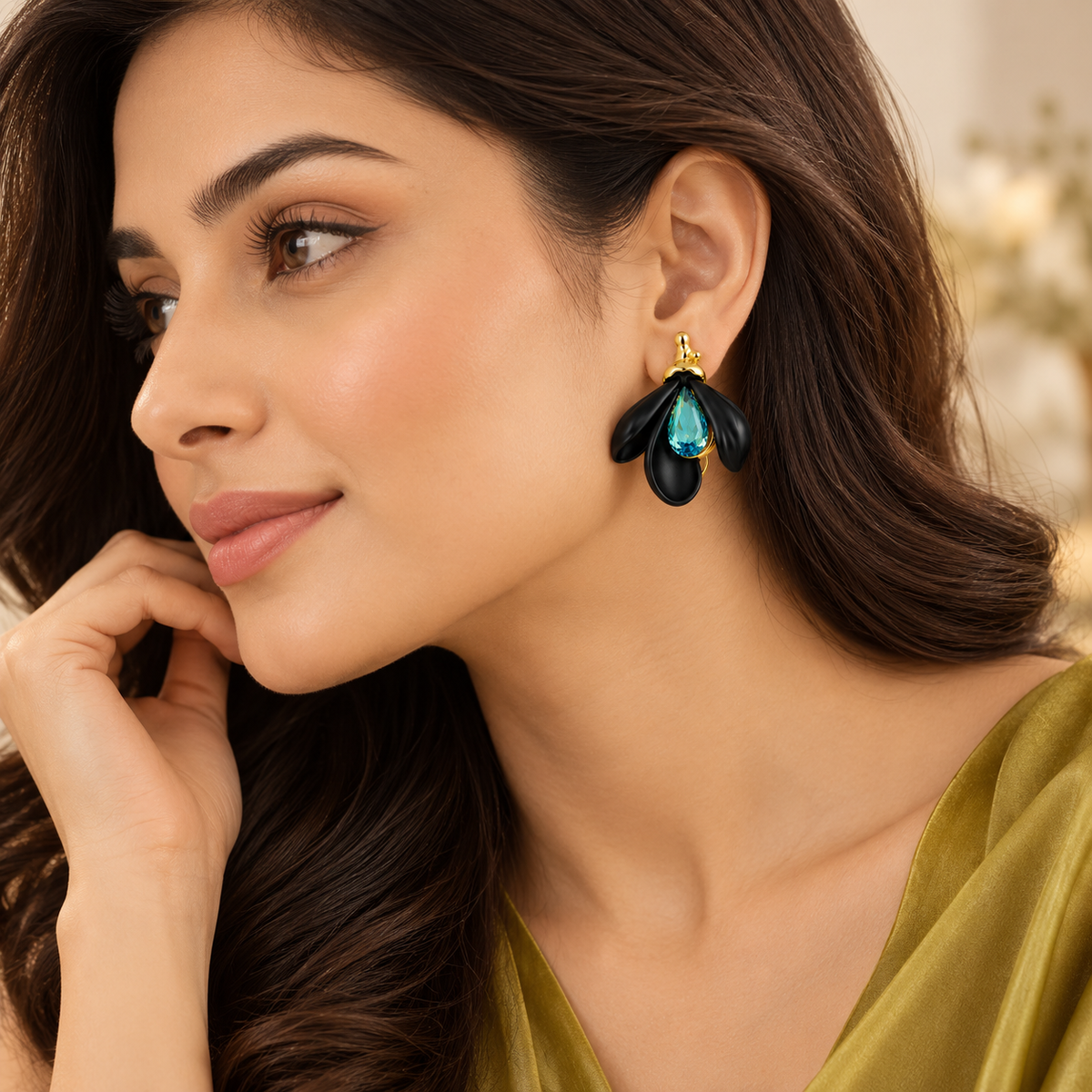 Aarvika Black Petal Clip-On Earrings with Blue Teardrop Stone