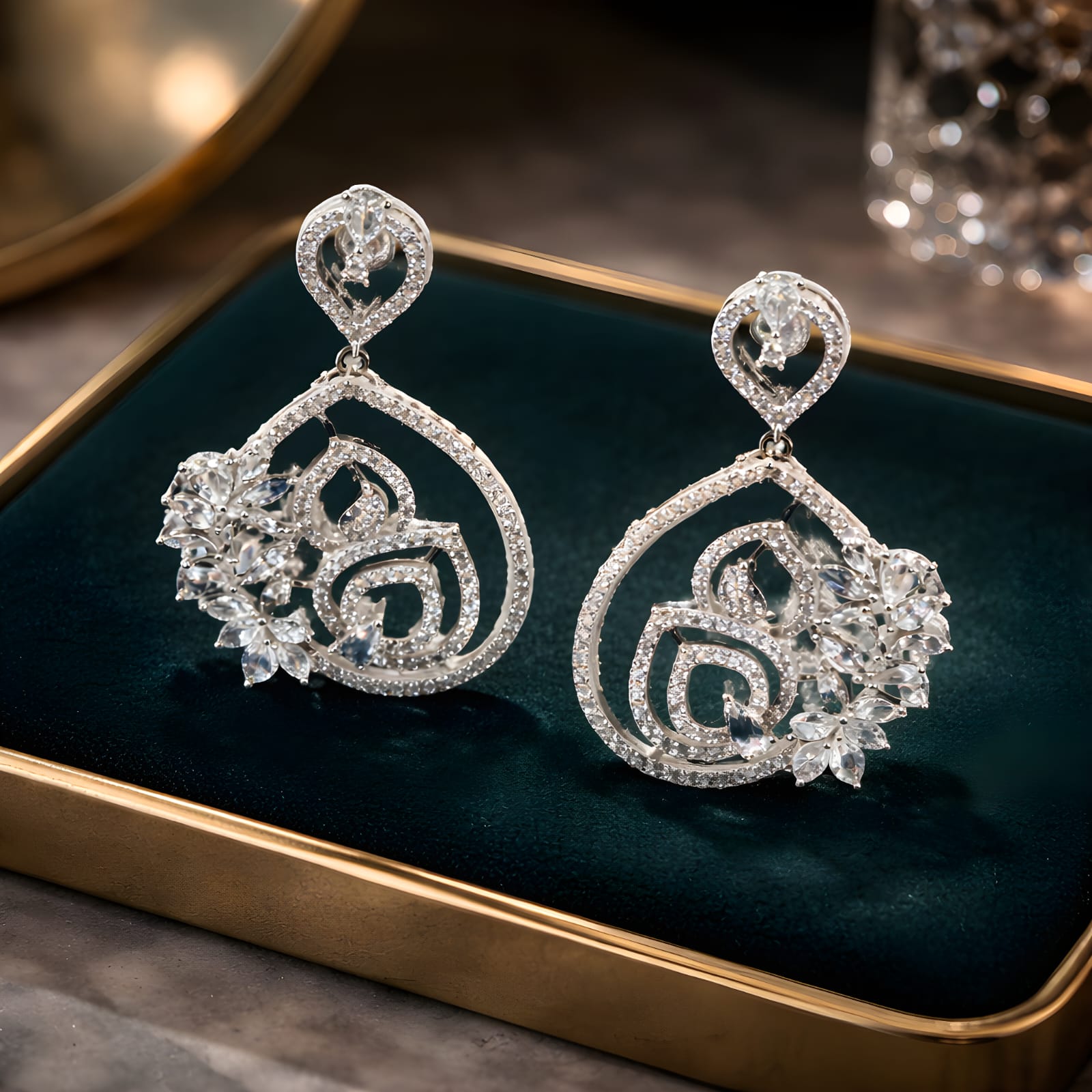 Aarvika American Diamond Teardrop Dangle Earrings – flat lay