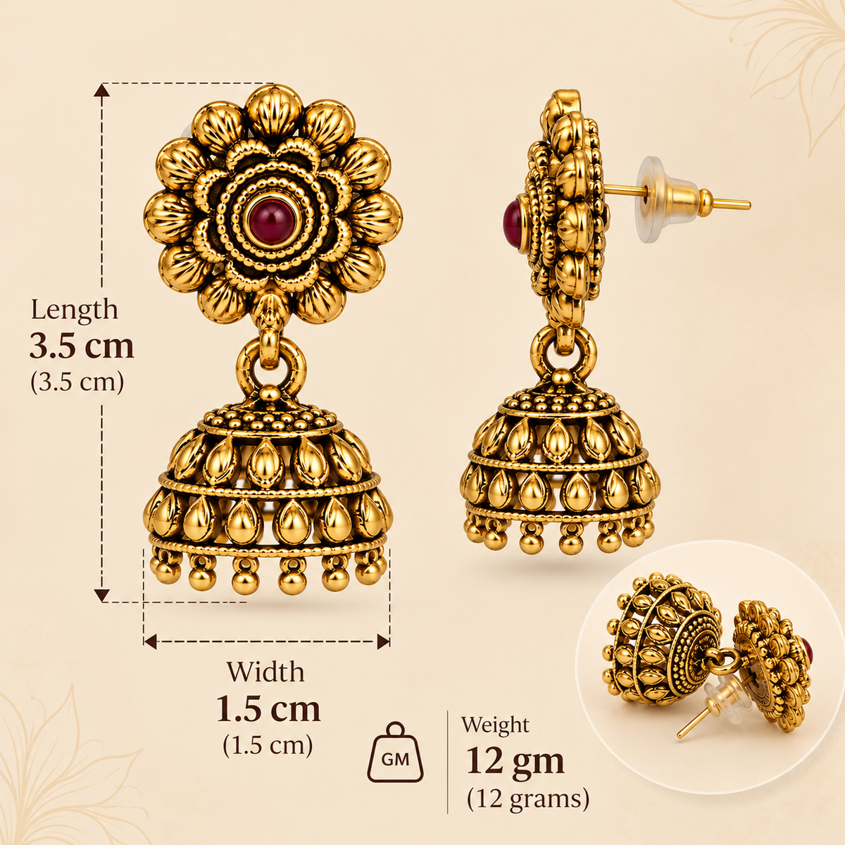 Aarvika Traditional Floral Temple Jhumka Earrings
