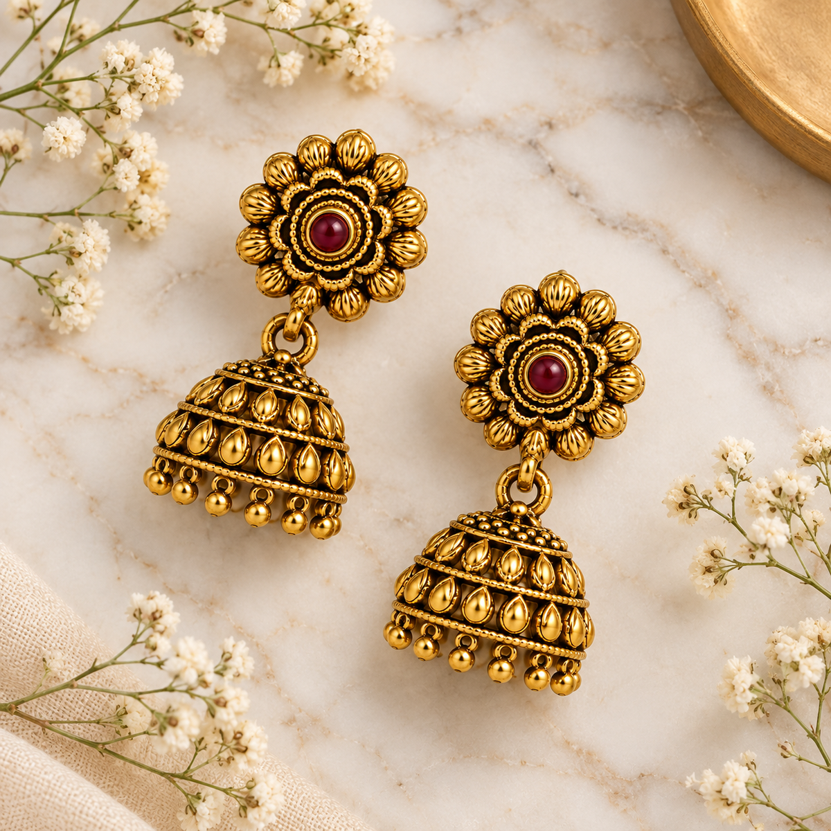 Aarvika Traditional Floral Temple Jhumka Earrings