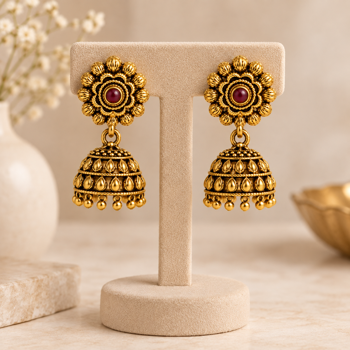 Aarvika Traditional Floral Temple Jhumka Earrings