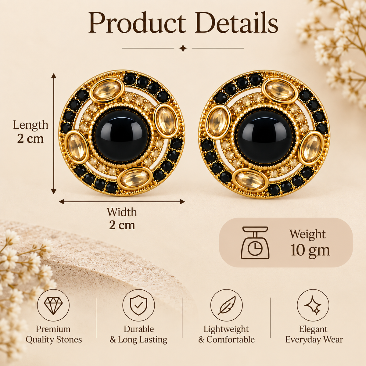 Aarvika Round Ethnic Stud Earrings & Girls â Black