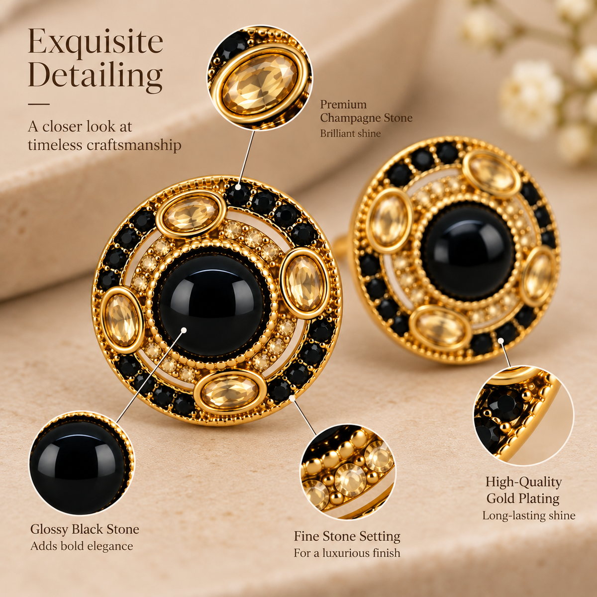 Aarvika Round Ethnic Stud Earrings & Girls â Black