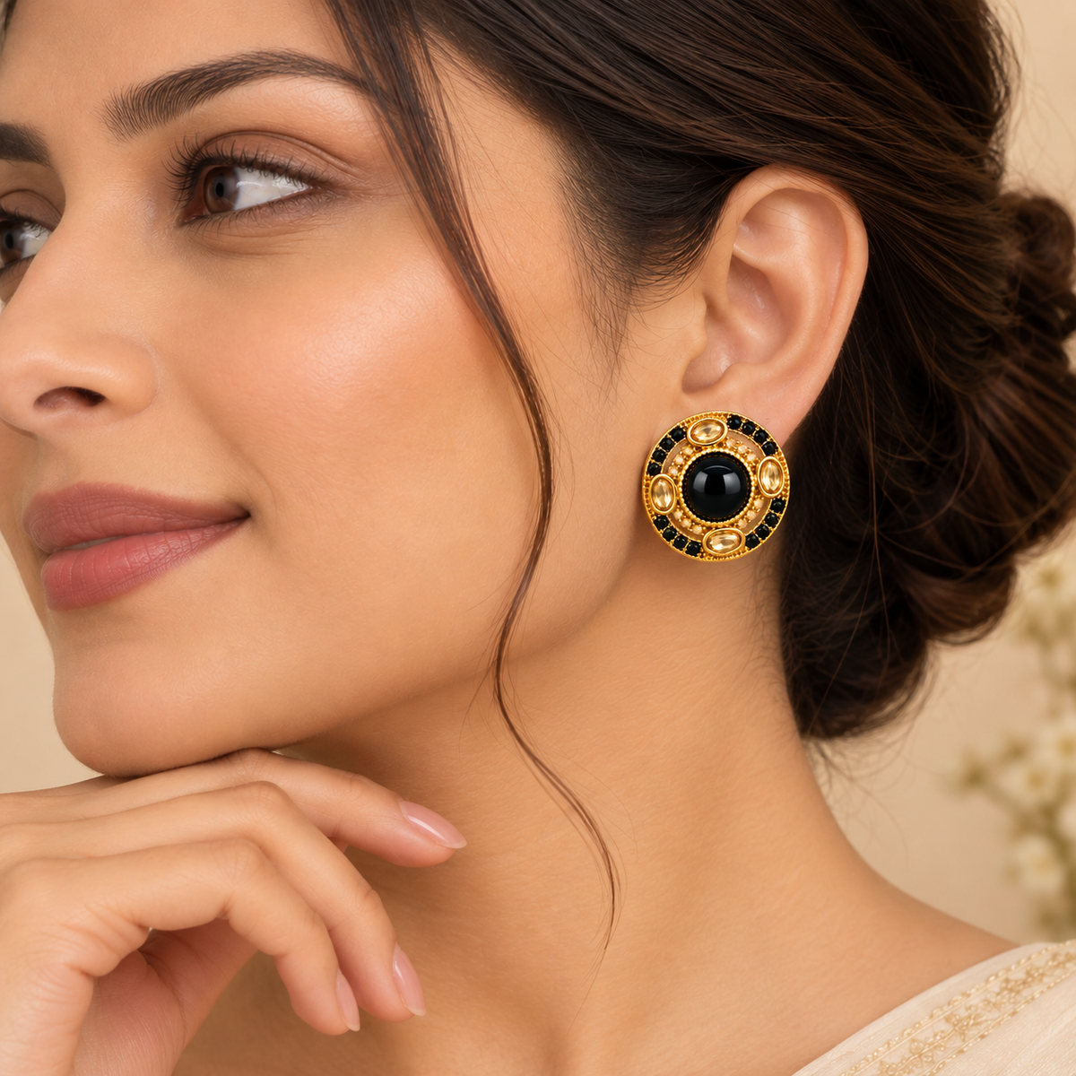Aarvika Round Ethnic Stud Earrings & Girls â Black