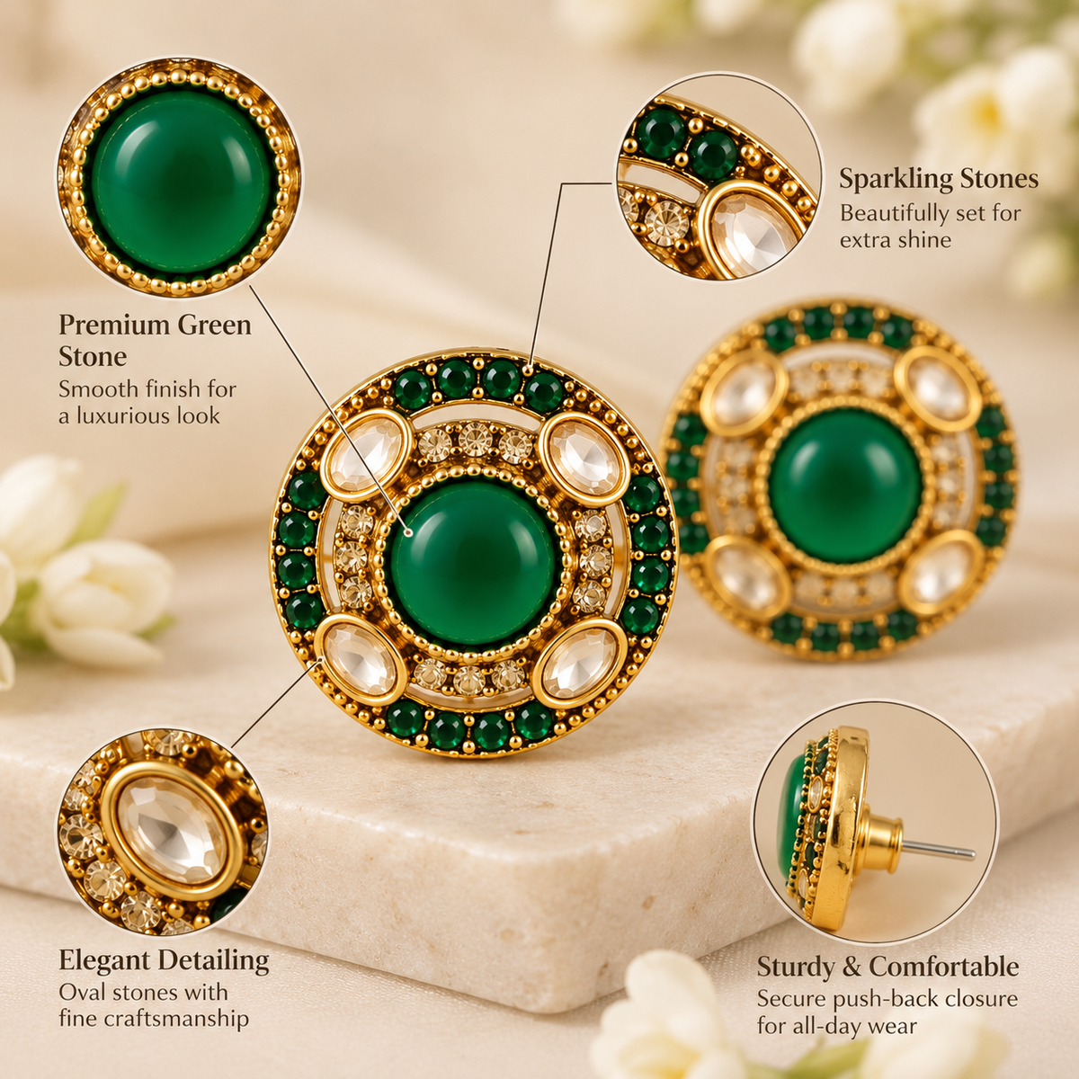 Aarvika Round Ethnic Stud Earrings & Girls â Green