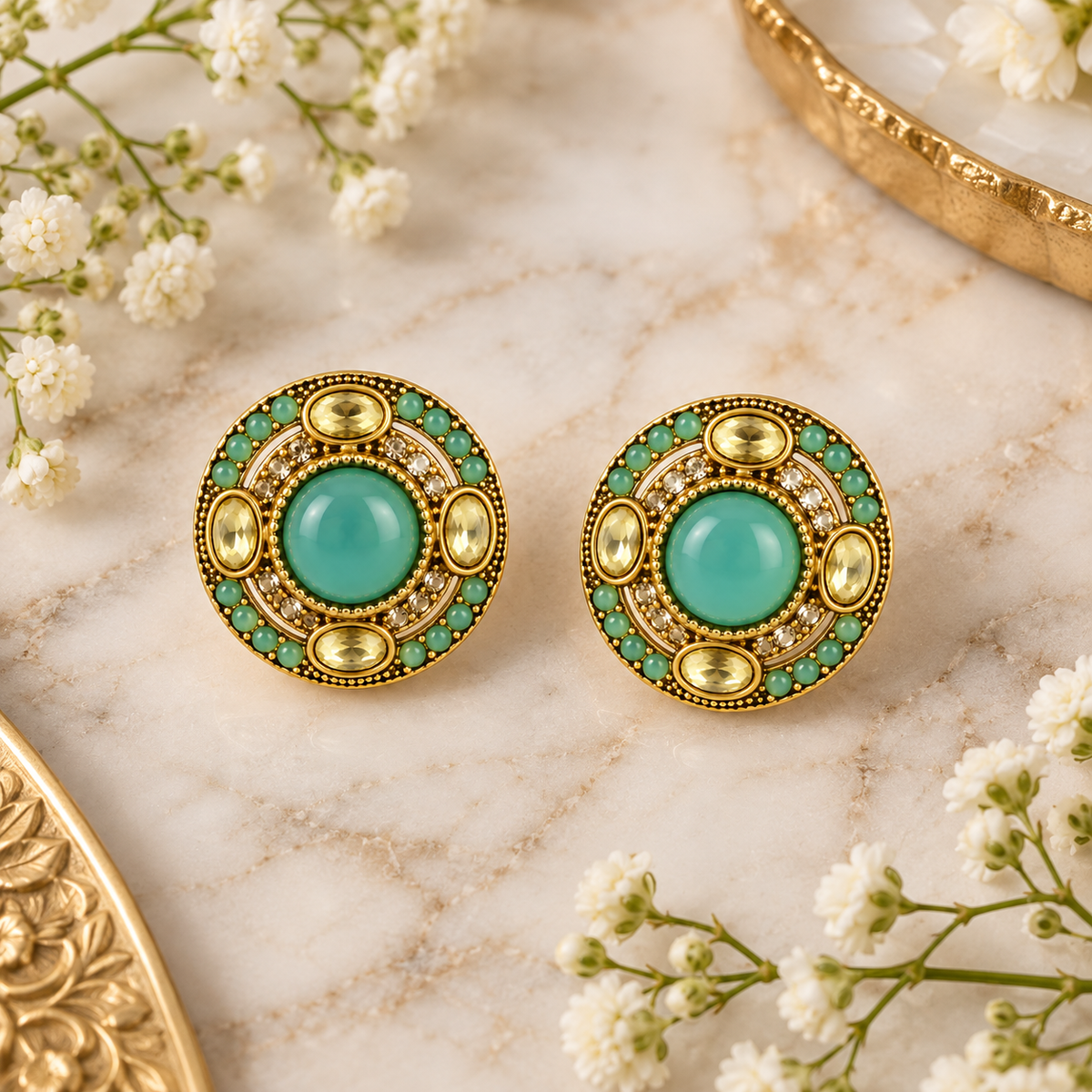 Aarvika Round Ethnic Stud Earrings & Girls â Mint Green