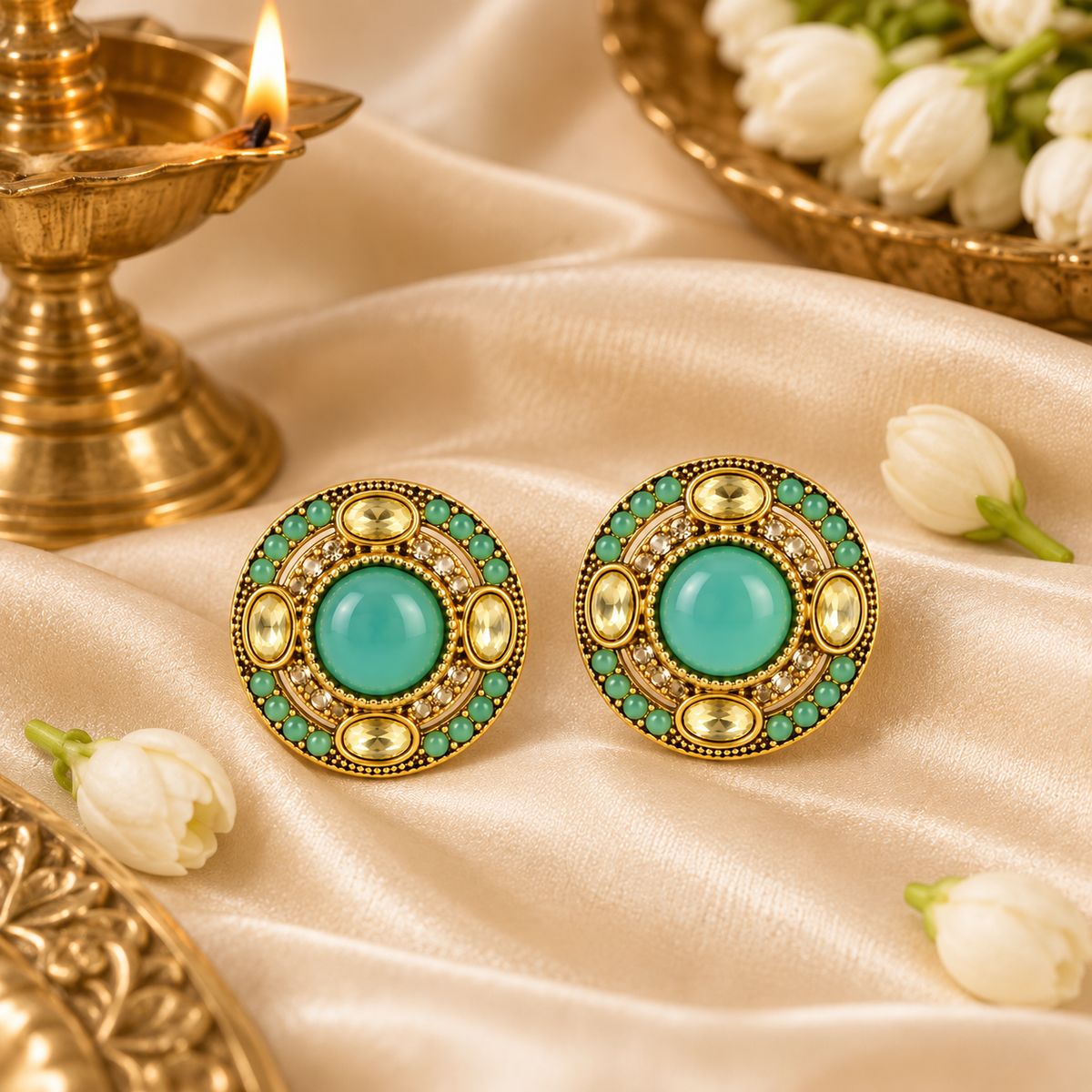 Aarvika Round Ethnic Stud Earrings & Girls â Mint Green