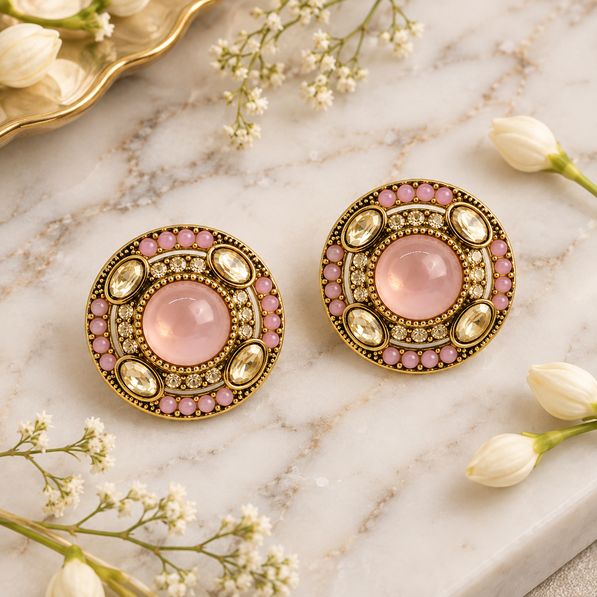 Aarvika Round Ethnic Stud Earrings & Girls â Pink
