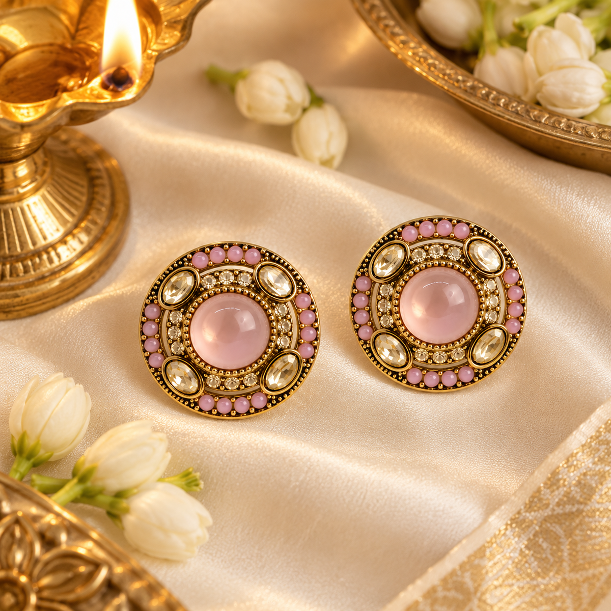 Aarvika Round Ethnic Stud Earrings & Girls â Pink