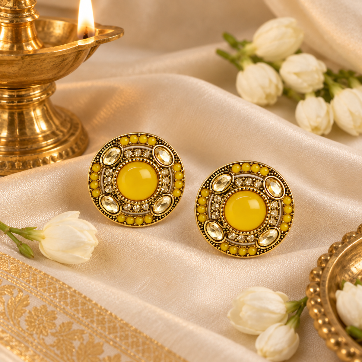 Aarvika Round Ethnic Stud Earrings & Girls â Yellow
