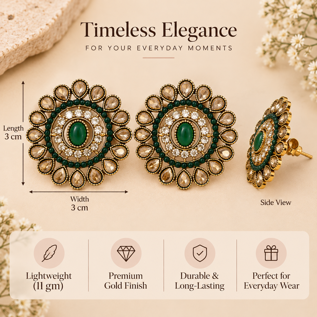 Aarvika Ethnic Stud Earrings â Green