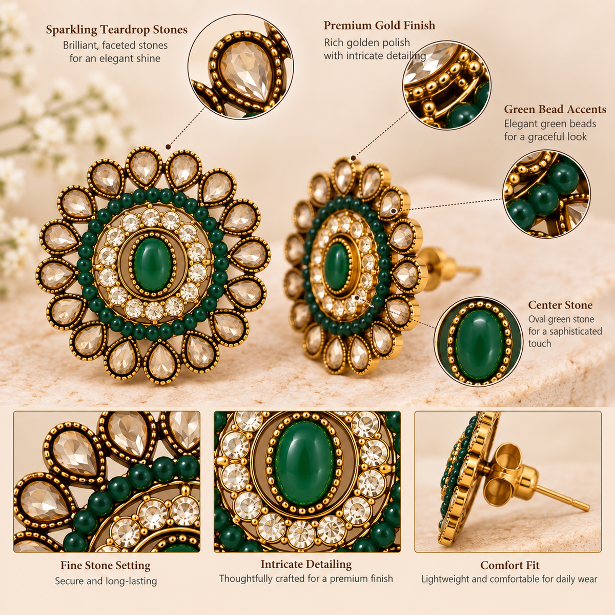 Aarvika Ethnic Stud Earrings â Green