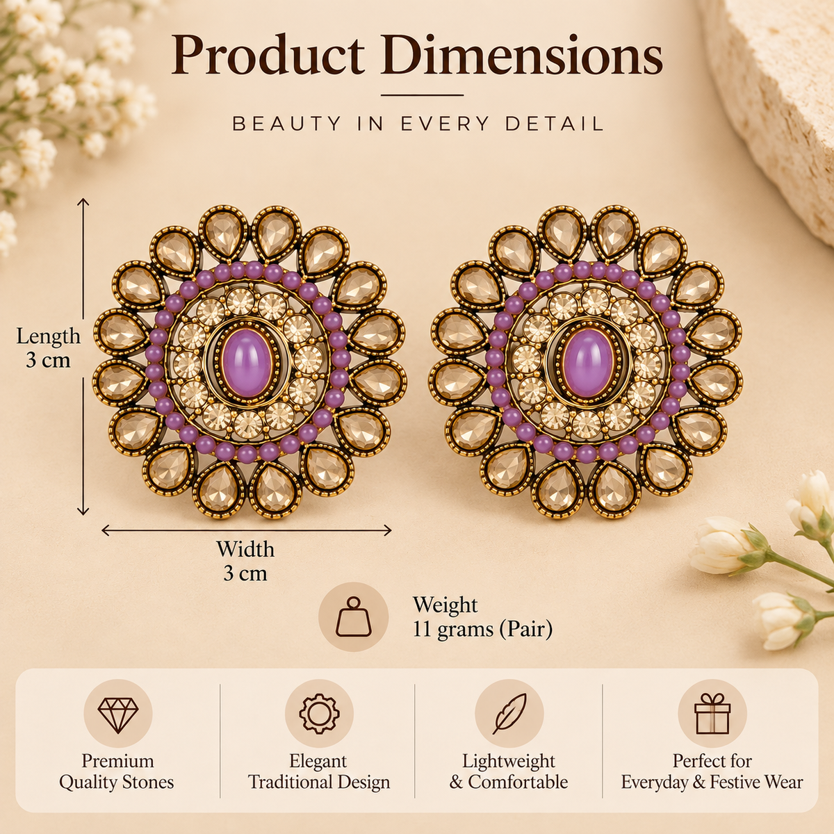 Aarvika Ethnic Stud Earrings â Purple