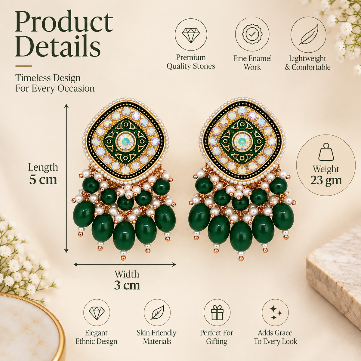 Aarvika Traditional Statement Earrings, Bottle Green
