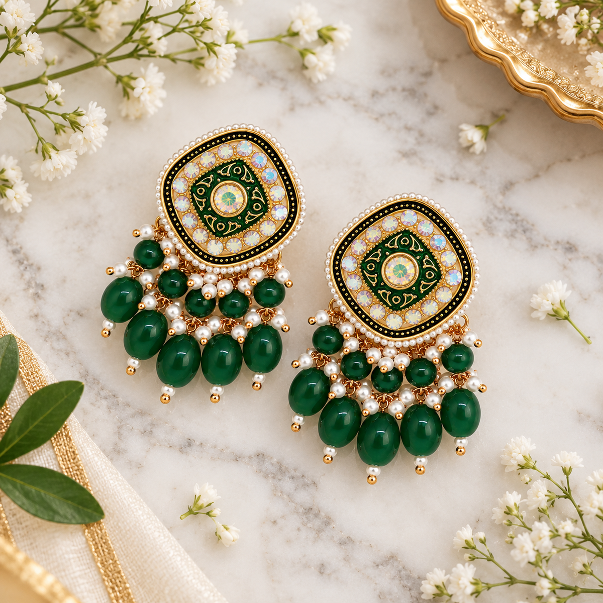 Aarvika Traditional Statement Earrings, Bottle Green