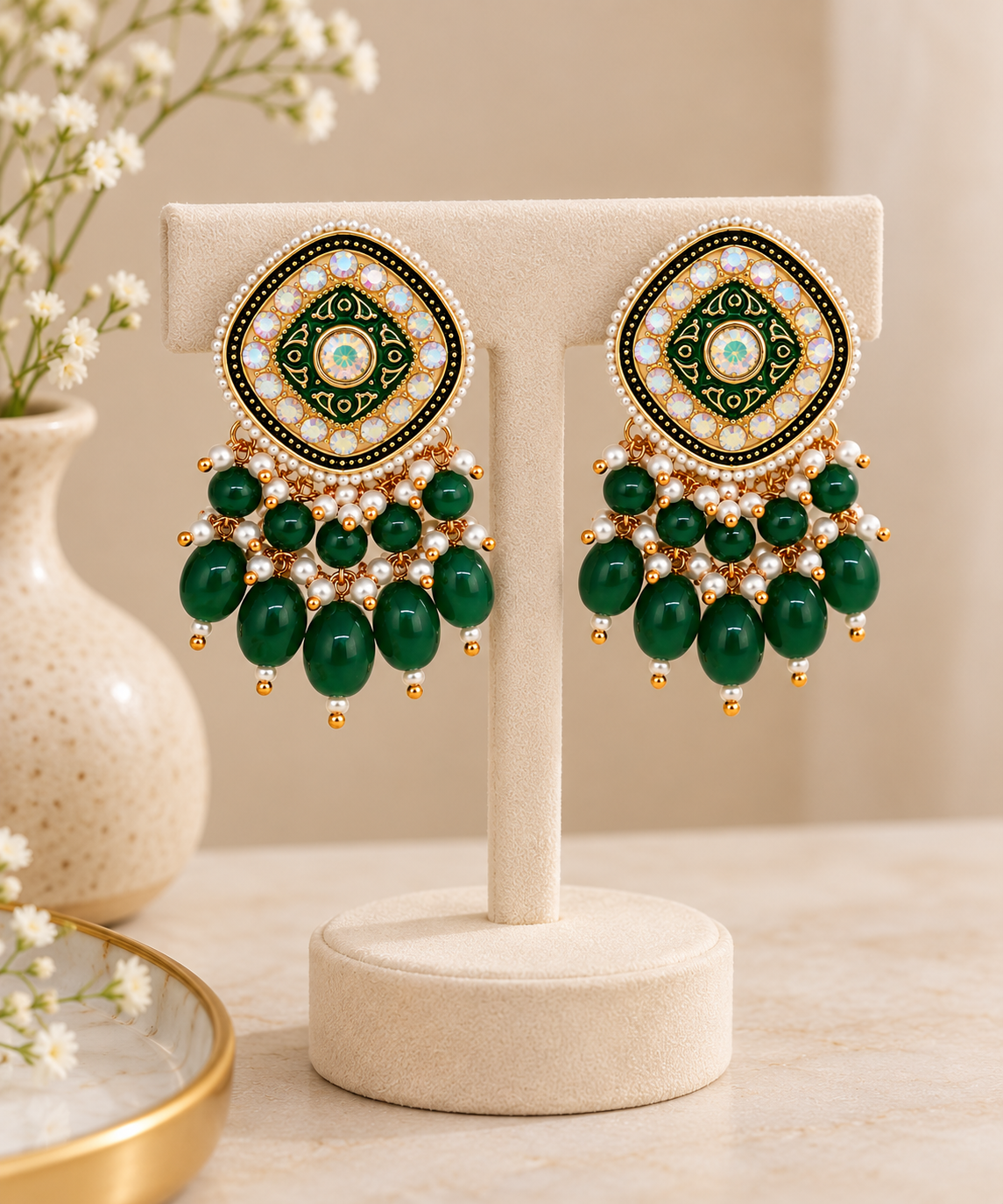 Aarvika Traditional Statement Earrings, Bottle Green