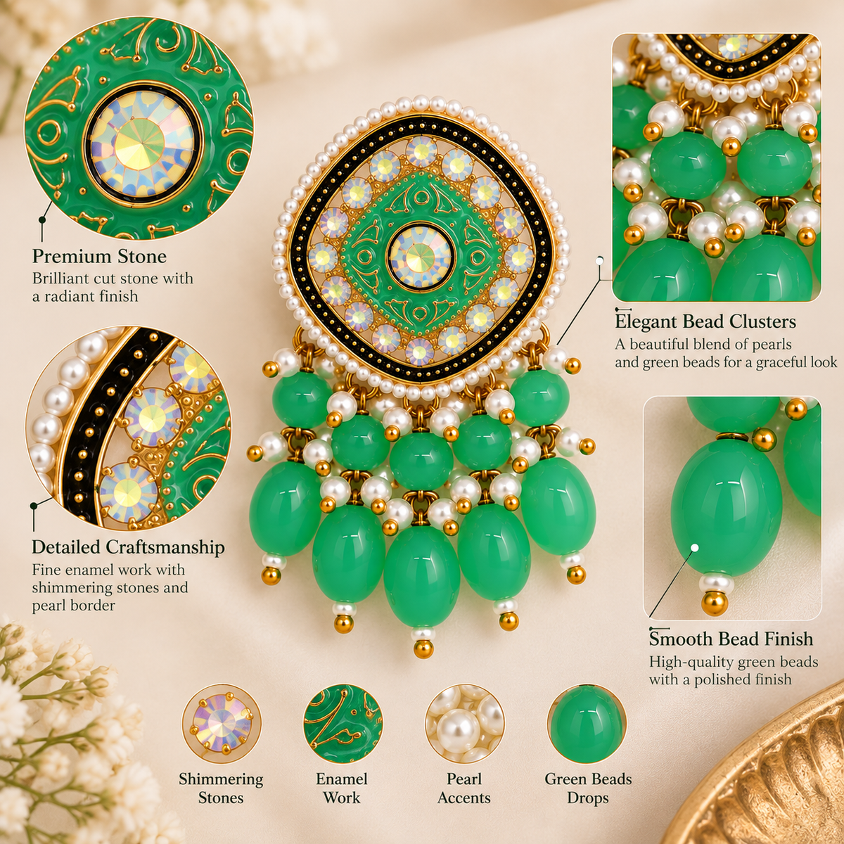 Aarvika Traditional Statement Earrings, Green