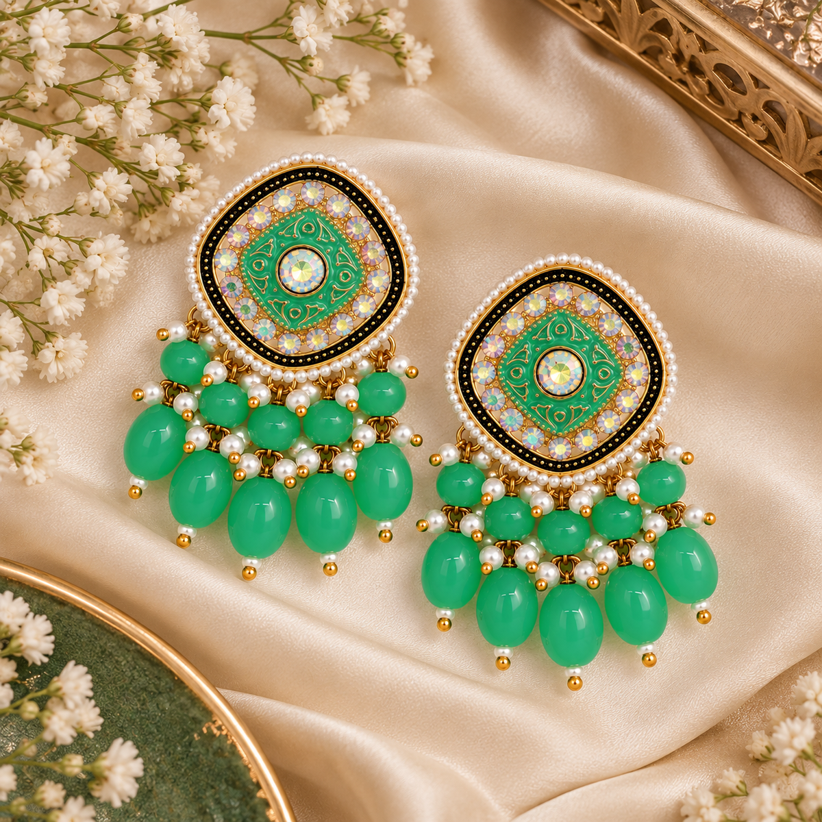 Aarvika Traditional Statement Earrings, Green