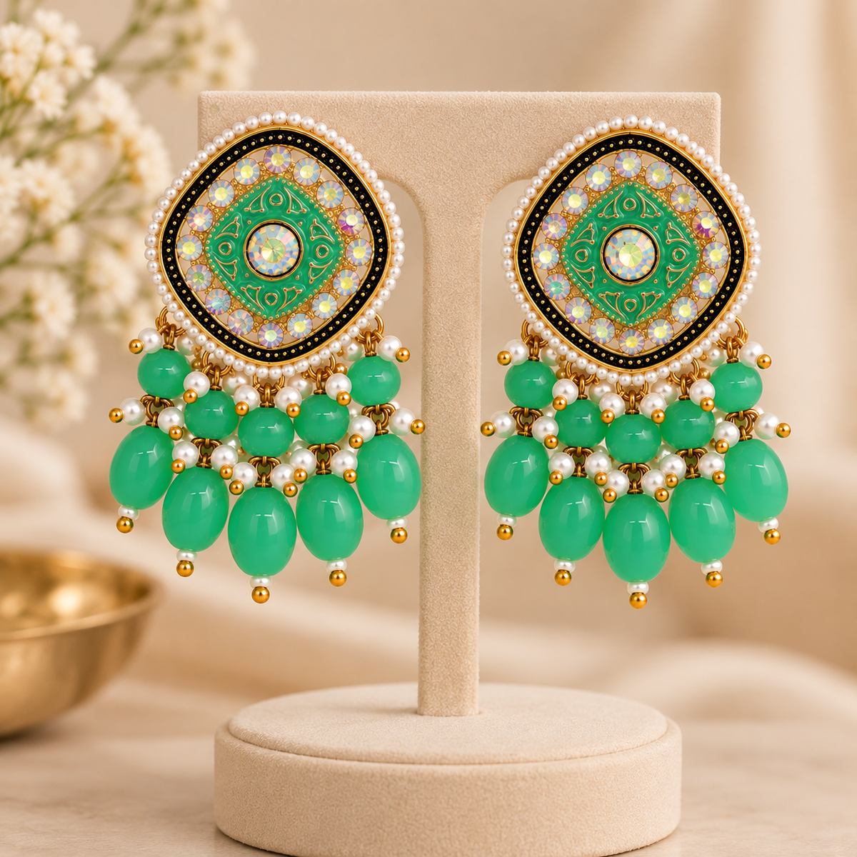Aarvika Traditional Statement Earrings, Green