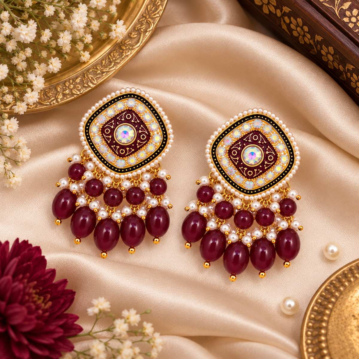 Aarvika Traditional Statement Earrings, Maroon