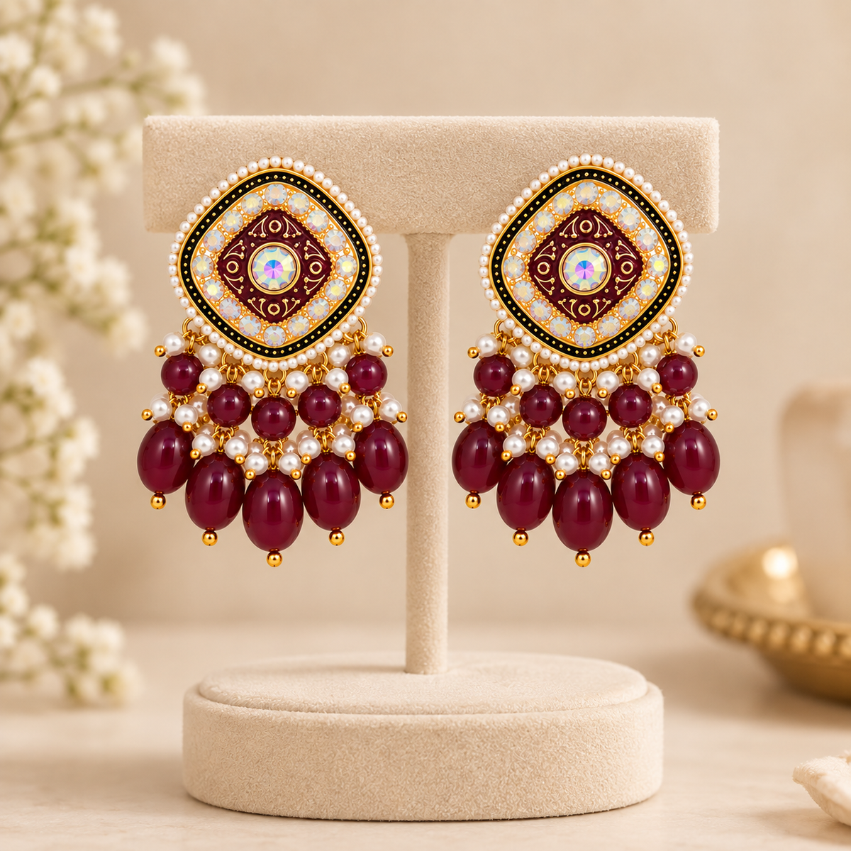 Aarvika Traditional Statement Earrings, Maroon