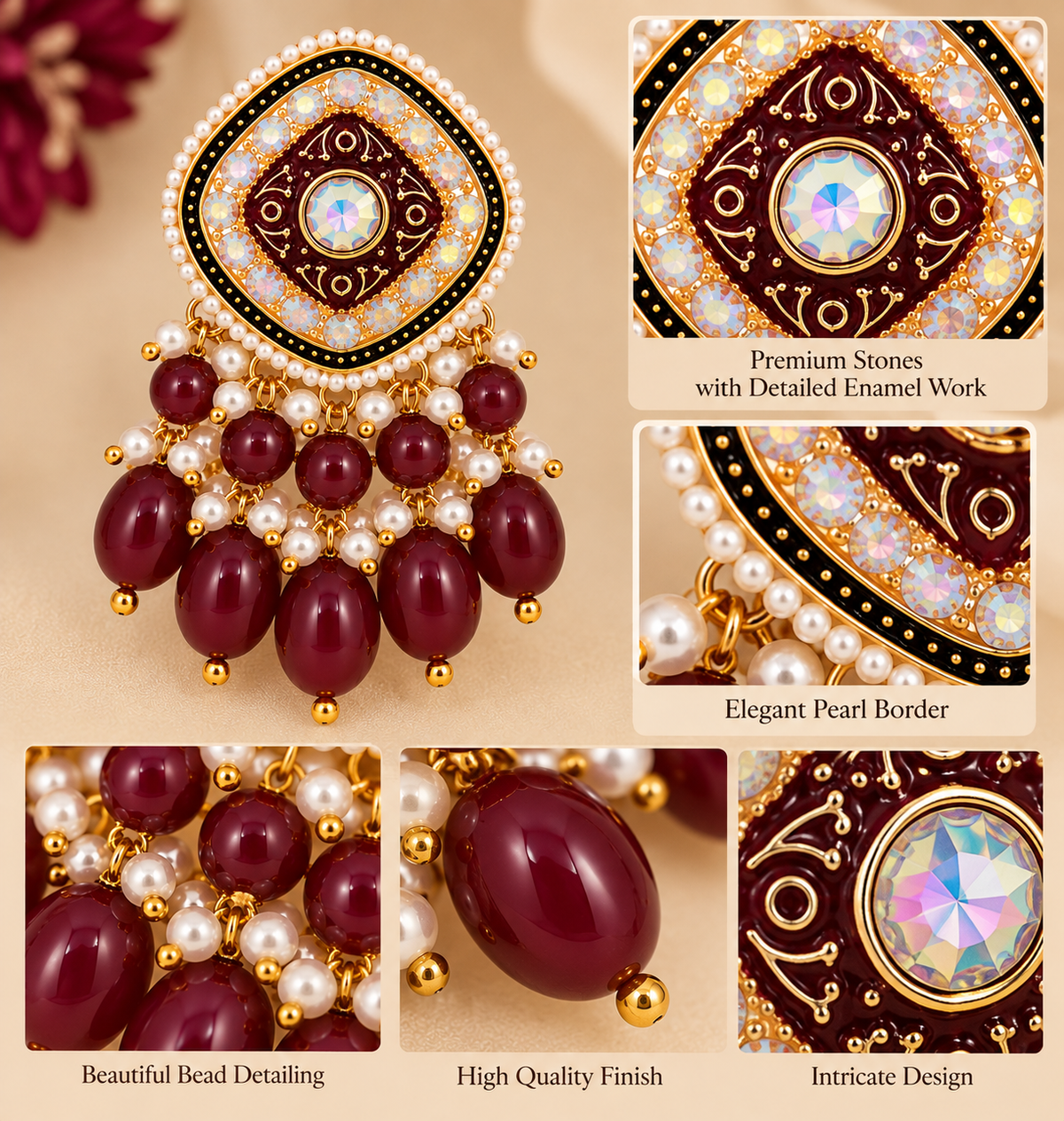 Aarvika Traditional Statement Earrings, Maroon