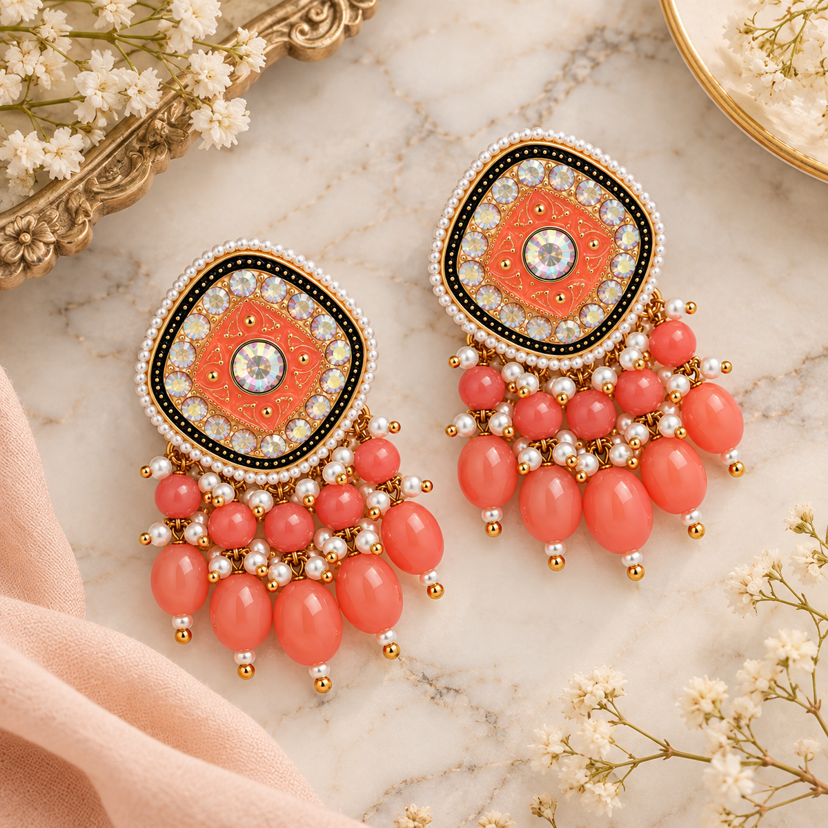 Aarvika Traditional Statement Earrings, Orange