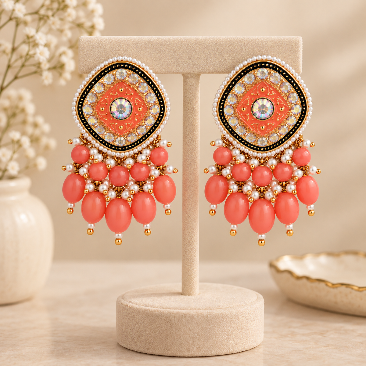 Aarvika Traditional Statement Earrings, Orange