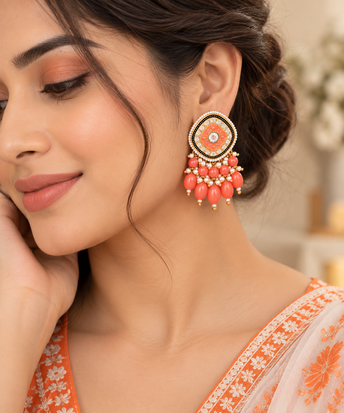 Aarvika Traditional Statement Earrings, Orange