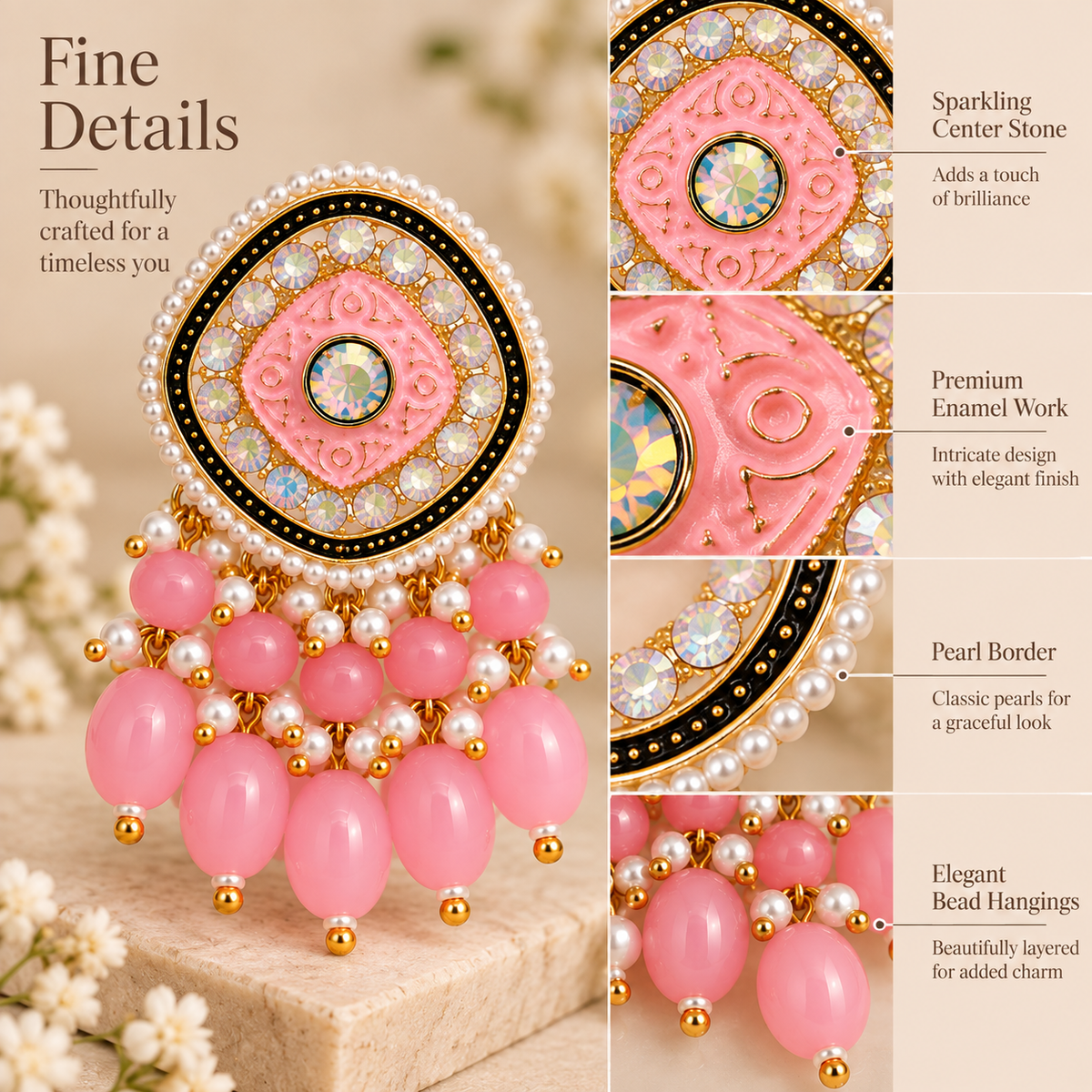Aarvika Traditional Statement Earrings, Pink