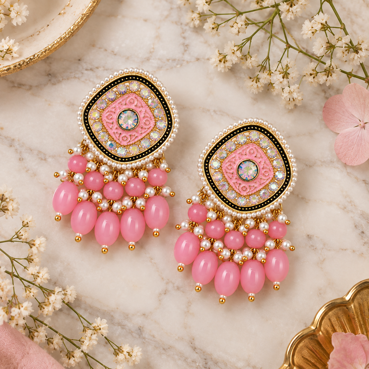 Aarvika Traditional Statement Earrings, Pink