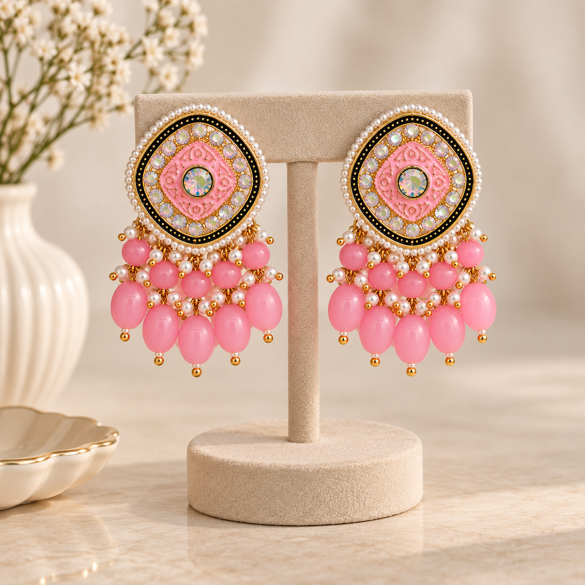 Aarvika Traditional Statement Earrings, Pink