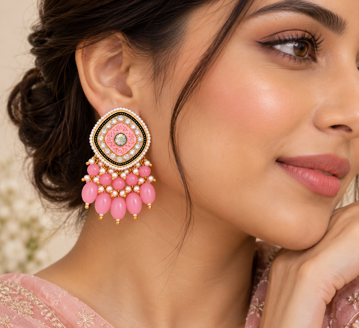 Aarvika Traditional Statement Earrings, Pink