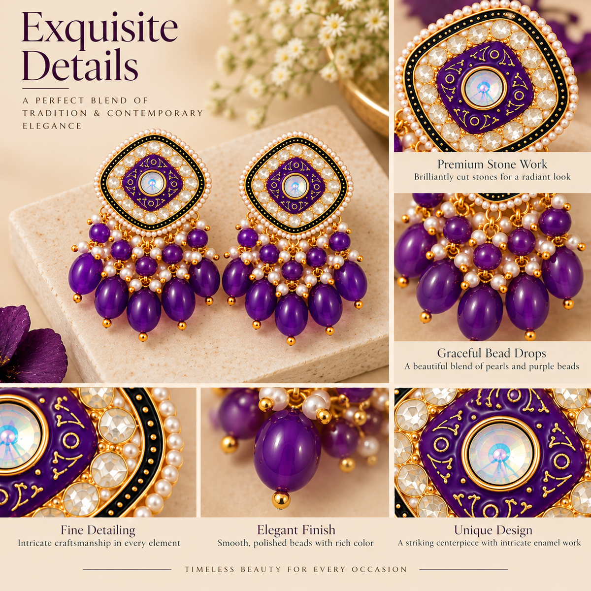 Aarvika Traditional Statement Earrings, Purple