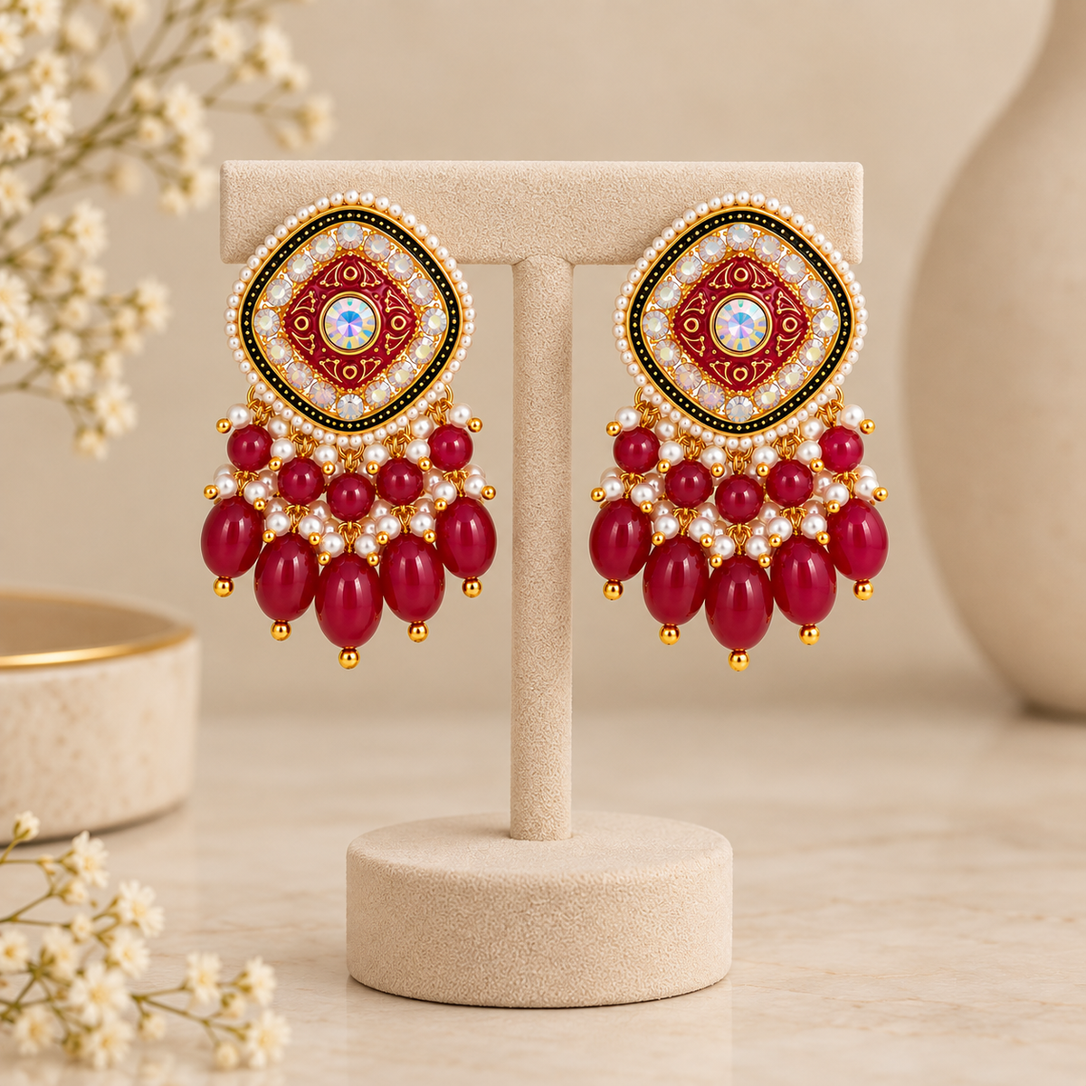 Aarvika Traditional Statement Earrings, Red