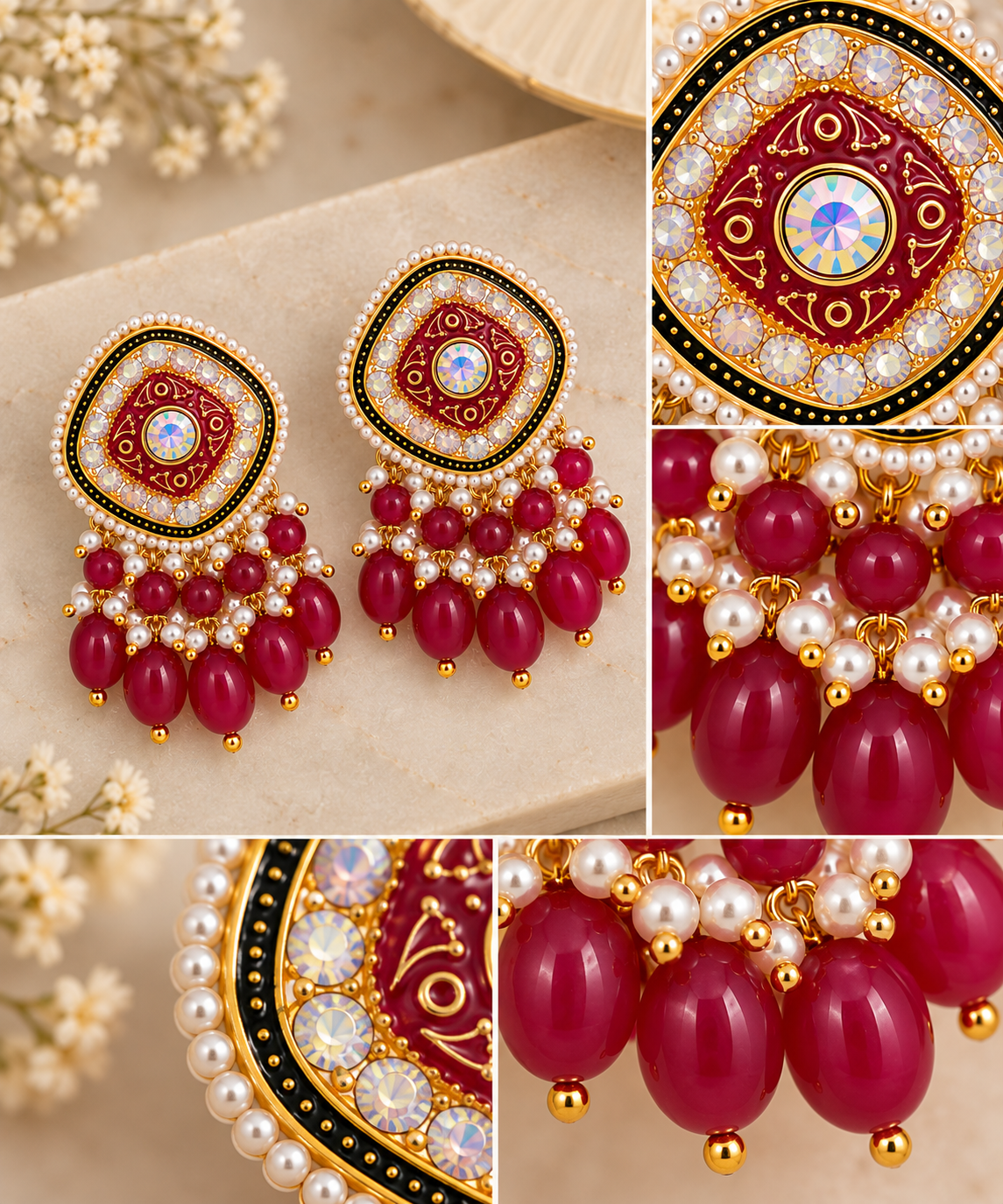 Aarvika Traditional Statement Earrings, Red