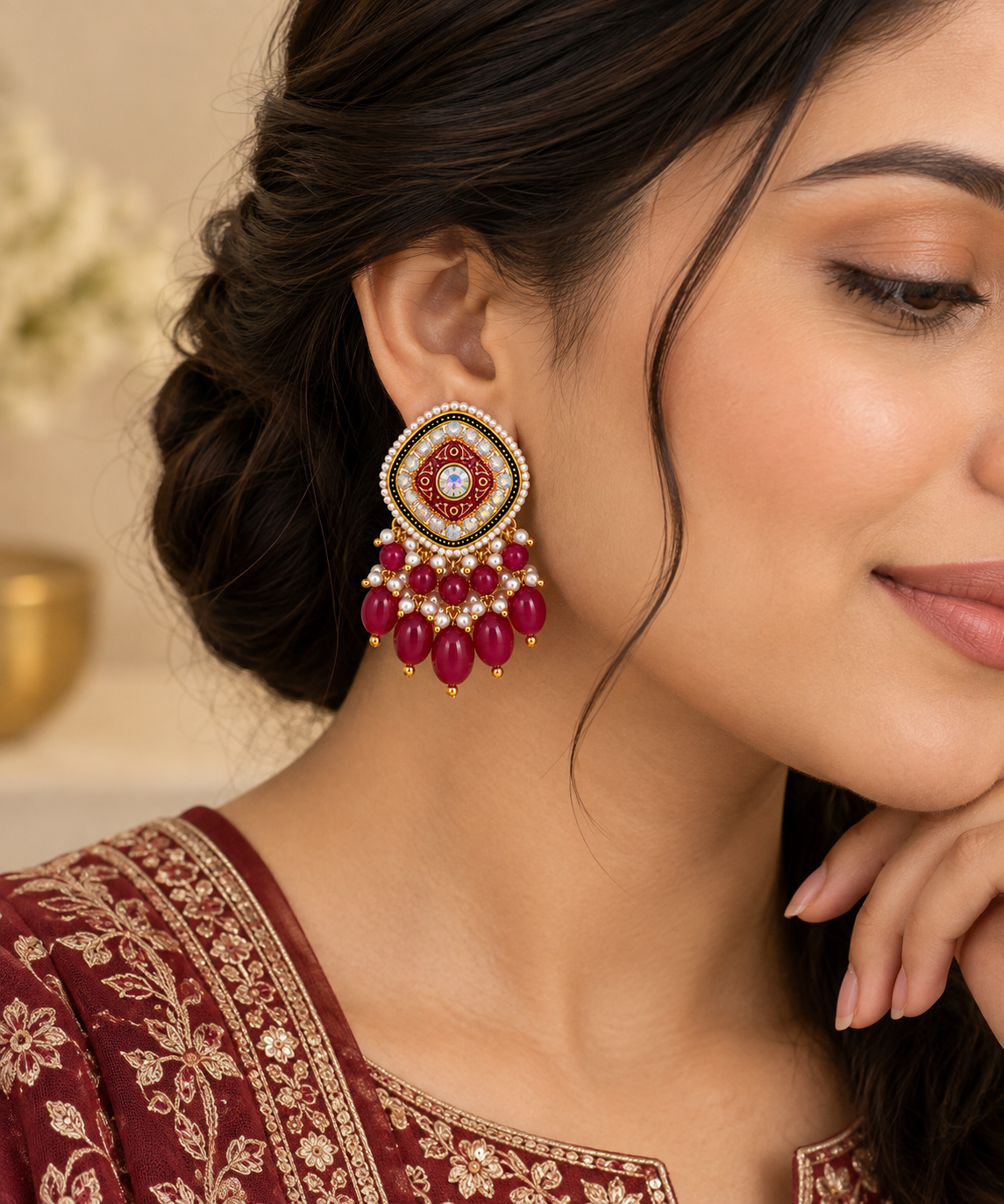 Aarvika Traditional Statement Earrings, Red