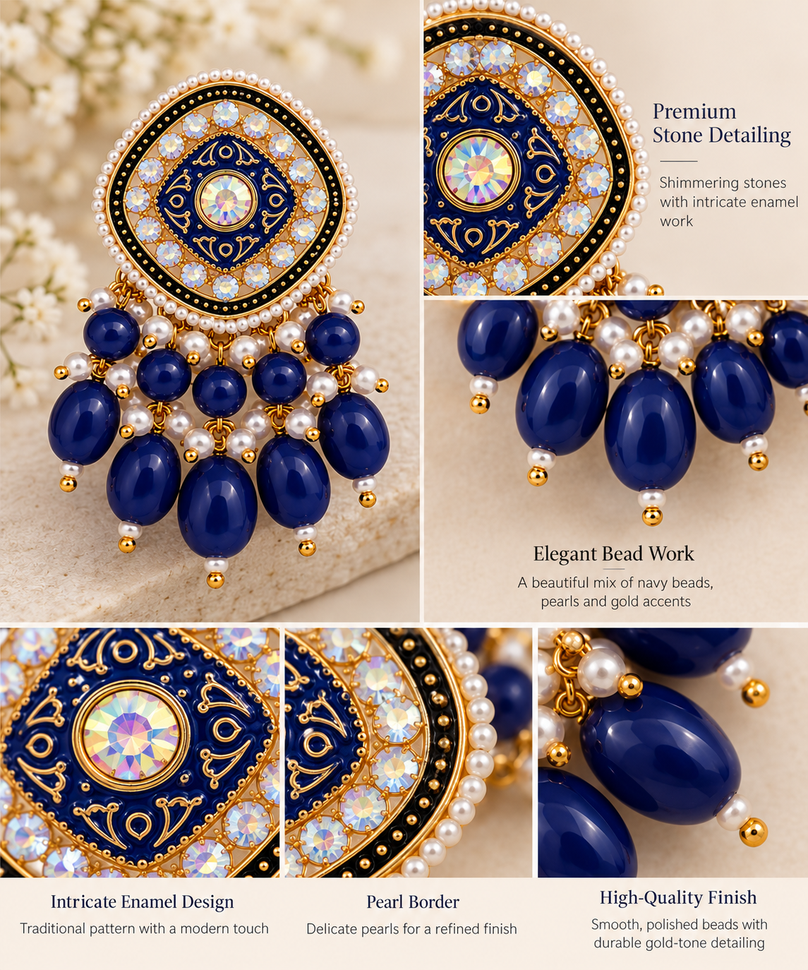 Aarvika Traditional Statement Earrings, Royal Blue